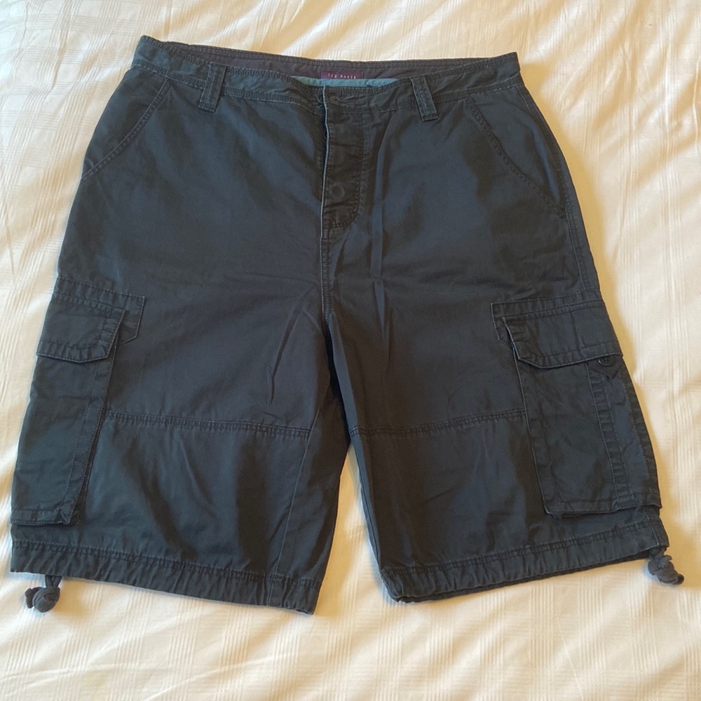 Ted Baker button fly dark blue cargo shorts with 6 pockets, ties at bottom, 36